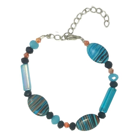 Handmade Jewelry - Handmade Art Glass Bead and Crystal Bracelet Turquoise Black Orange Silver Tone